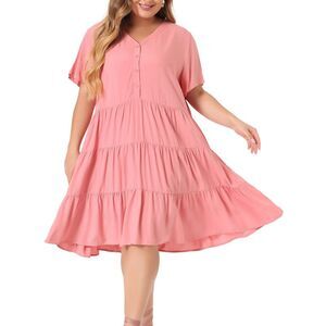 Plus Size Chambray Knee Length Button Down V Neck Tier Jean Dress Pink